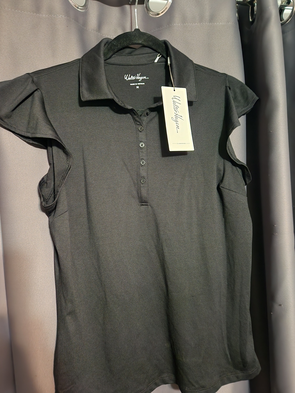 Walter Hagen Black Button-Front Ruffle-Sleeve Polo